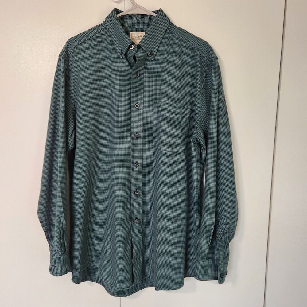LL Bean Wicked Good Flannel Shirt Mens M Green Houndstooth Traditional Fit